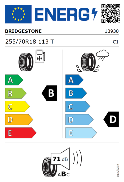 Tyre Label for Bridgestone Dueler H/T 685 255/70R18 113T