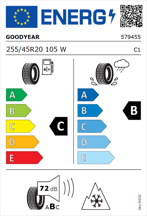 Tyre Label for Goodyear Vector 4Seasons Gen-3 255/45R20 105W