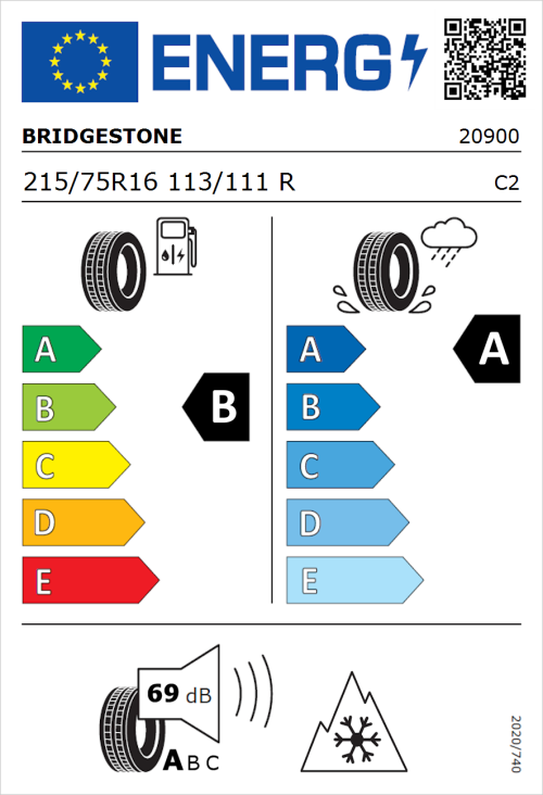 Tyre Label for Bridgestone Duravis Van 215/75R16 113/111R