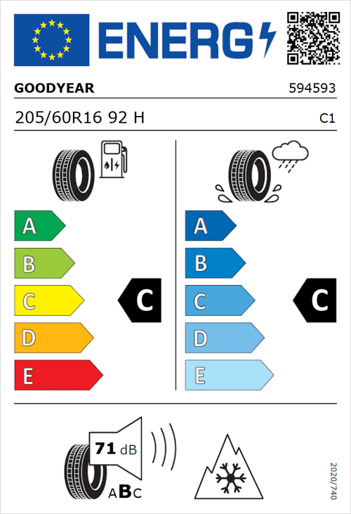 Tyre Label for Goodyear UltraGrip Performance 3 205/60R16 92H