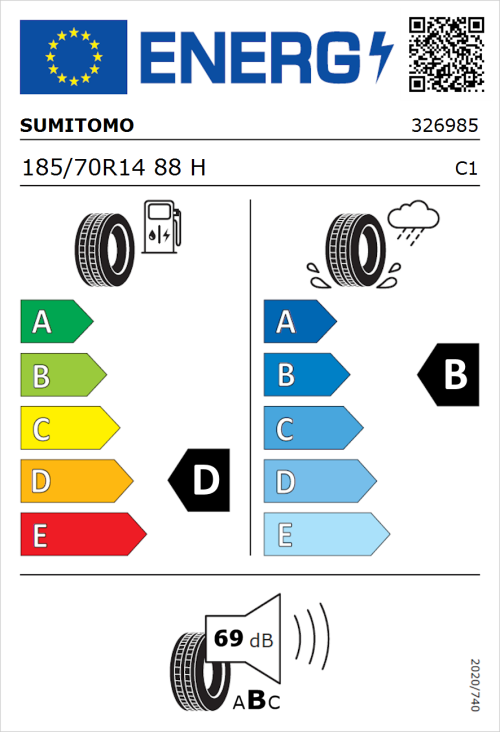 Tyre Label for Sumitomo BC100 185/70R14 88H